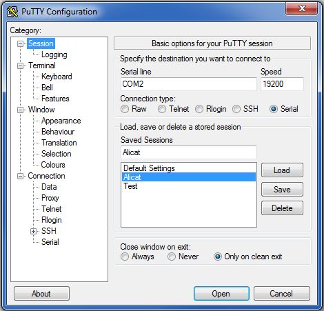 Session COM port and baud rate settings in PuTTY after configuration for use with Alicat instruments